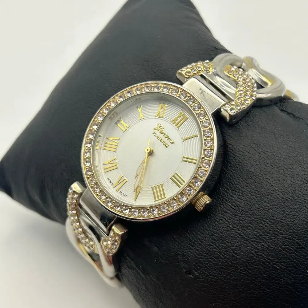 Geneva Platinum Women's Two-Tone Rhinestone Bezel Bangle Watch New Battery